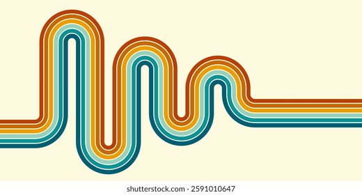 Abstract background of rainbow groovy Wavy Line design in 1970s Hippie Retro style. Vector pattern ready to use for cloth, textile, wrap and other.