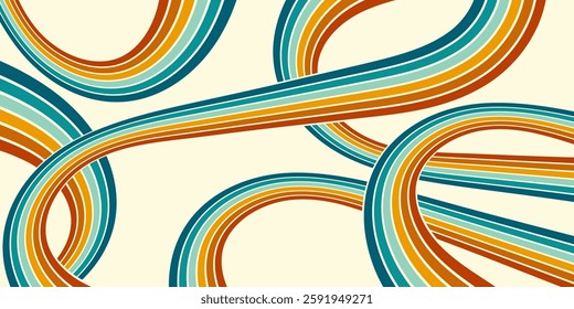 Abstract background of rainbow groovy Wavy Line design in 1970s Hippie Retro style. Vector pattern ready to use for cloth, textile, wrap and other.