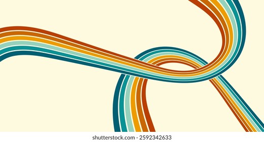 Abstract background of rainbow groovy Wavy Line design in 1970s Hippie Retro style. Vector pattern ready to use for cloth, textile, wrap and other.