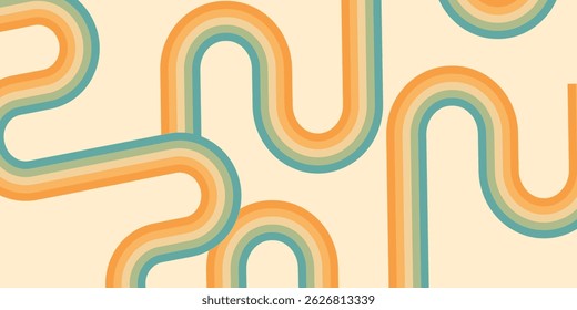 Fundo abstrato do arco-íris groovy Wavy Lines design em 1970 estilo Hippie Retro. Padrão de vetor pronto para usar para tecido, tecido, envoltório e outros.