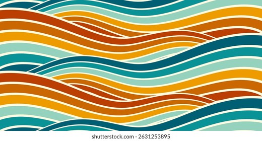 Fundo abstrato do arco-íris groovy Wavy Line design em 1970 estilo Hippie Retro. Padrão de vetor pronto para usar para tecido, tecido, envoltório e outros.
