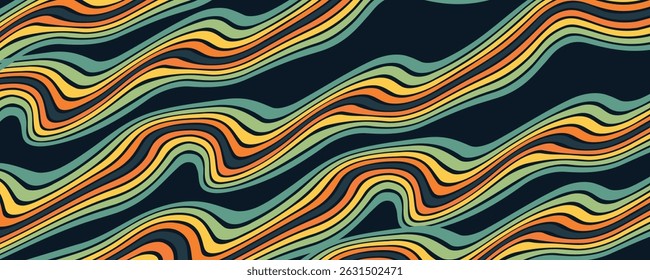 Fundo abstrato do arco-íris groovy Wavy Line design em 1970 Hippie estilo retro. eps 10