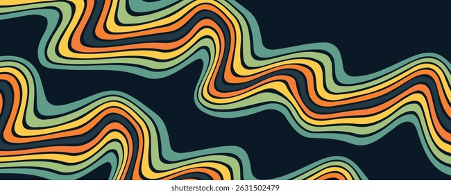 Fundo abstrato do arco-íris groovy Wavy Line design em 1970 Hippie estilo retro. eps 10