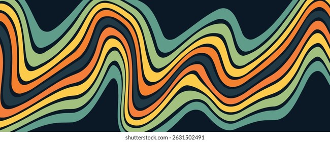 Fundo abstrato do arco-íris groovy Wavy Line design em 1970 Hippie estilo retro. eps 10