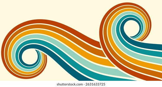 Fundo abstrato do arco-íris groovy Wavy Line design em 1970 estilo Hippie Retro. Padrão de vetor pronto para usar para tecido, tecido, envoltório e outros.