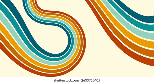 Fundo abstrato do arco-íris groovy Wavy Line design em 1970 estilo Hippie Retro. Padrão de vetor pronto para usar para tecido, tecido, envoltório e outros.