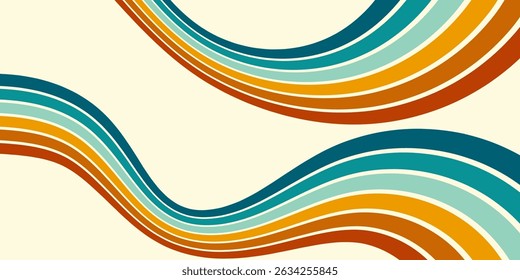 Abstract background of rainbow groovy Wavy Line design in 1970s Hippie Retro style. Vector pattern ready to use for cloth, textile, wrap and other.
