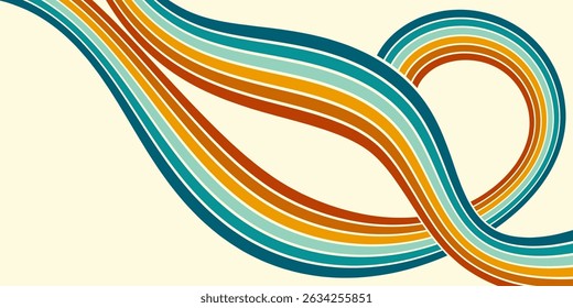 Abstract background of rainbow groovy Wavy Line design in 1970s Hippie Retro style. Vector pattern ready to use for cloth, textile, wrap and other.
