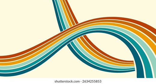 Abstract background of rainbow groovy Wavy Line design in 1970s Hippie Retro style. Vector pattern ready to use for cloth, textile, wrap and other.