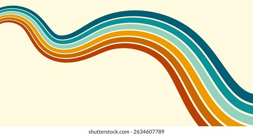 Abstract background of rainbow groovy Wavy Line design in 1970s Hippie Retro style. Vector pattern ready to use for cloth, textile, wrap and other.