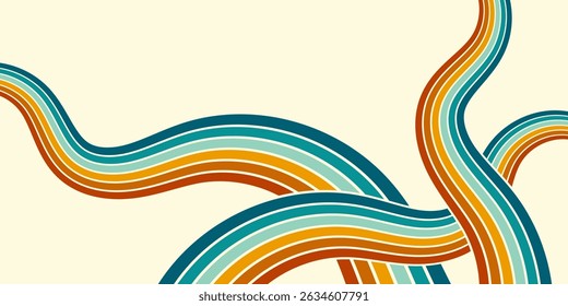 Abstract background of rainbow groovy Wavy Line design in 1970s Hippie Retro style. Vector pattern ready to use for cloth, textile, wrap and other.