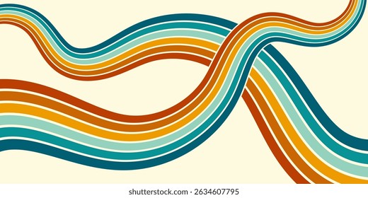 Abstract background of rainbow groovy Wavy Line design in 1970s Hippie Retro style. Vector pattern ready to use for cloth, textile, wrap and other.