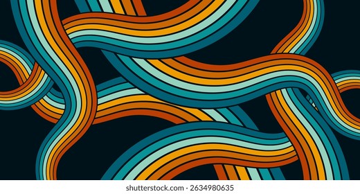 Abstract background of rainbow groovy Wavy Line design in 1970s Hippie Retro style. Vector pattern ready to use for cloth, textile, wrap and other.