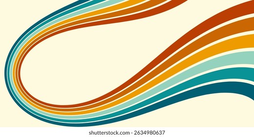 Abstract background of rainbow groovy Wavy Line design in 1970s Hippie Retro style. Vector pattern ready to use for cloth, textile, wrap and other.