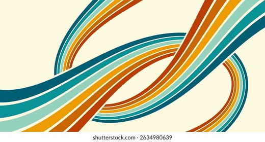 Abstract background of rainbow groovy Wavy Line design in 1970s Hippie Retro style. Vector pattern ready to use for cloth, textile, wrap and other.