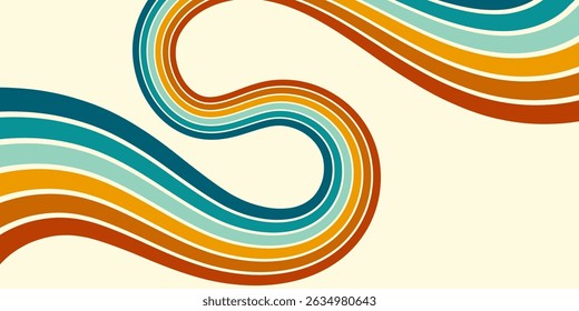 Abstract background of rainbow groovy Wavy Line design in 1970s Hippie Retro style. Vector pattern ready to use for cloth, textile, wrap and other.