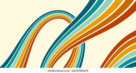 Abstract background of rainbow groovy Wavy Line design in 1970s Hippie Retro style. Vector pattern ready to use for cloth, textile, wrap and other.