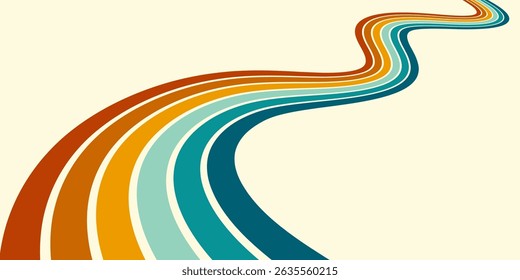 Abstract background of rainbow groovy Wavy Line design in 1970s Hippie Retro style. Vector pattern ready to use for cloth, textile, wrap and other.