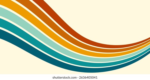 Abstract background of rainbow groovy Wavy Line design in 1970s Hippie Retro style. Vector pattern ready to use for cloth, textile, wrap and other.