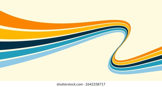 Abstract background of rainbow groovy Wavy Line design in 1970s Hippie Retro style. Vector pattern ready to use for cloth, textile, wrap and other.