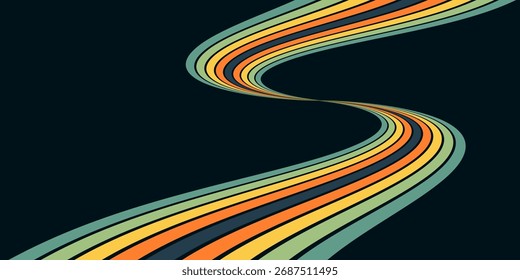 Abstract background of rainbow groovy Wavy Line design in 1970s Hippie Retro style. Vector pattern ready to use for cloth, textile, wrap and other.