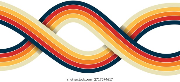 Fundo abstrato do arco-íris groovy Wavy Line design em 1970 estilo Hippie Retro. Vintage listrado fundos, cartazes, banner amostras. Fundo retro mínimo com listras coloridas. Vetor Eps10.