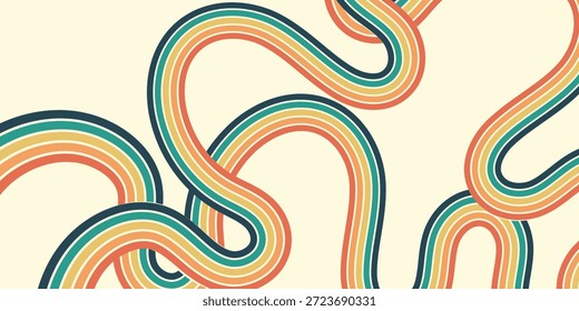 Fondo Abstractas de diseño de línea ondulada groovy arco iris en estilo Hippie Retro de la década de 1970. Patrón de Vector listo para usar para tela, textil, abrigo y otros.