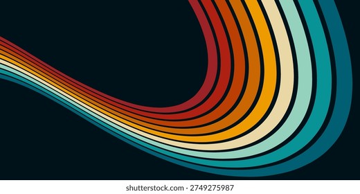 Abstract background of rainbow groovy Wavy Line design in 1970s Hippie Retro style. Vector pattern ready to use for cloth, textile, wrap and other.