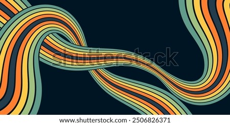 Abstract background of rainbow groovy Wavy Line design in 1970s Hippie Retro style. Vector pattern ready to use for cloth, textile, wrap and other.