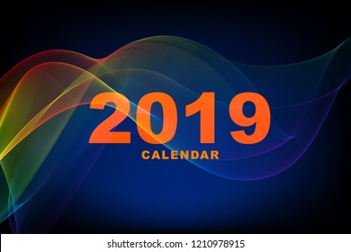 Abstract background of rainbow smoke with calendar banner design, 2019, vector illustration and design.