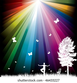 fondo abstracto con árbol y silla de mujer arcoiris