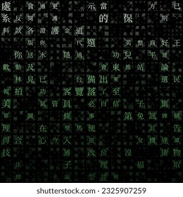 Abstract Background. Random Characters of Chinese Traditional Alphabet. Gradiented matrix pattern. Green color theme backgrounds. Tileable horizontally. Trendy vector illustration.