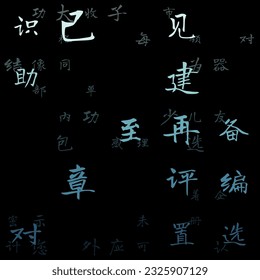 Abstract background. Random Chinese Simplified Alphabet Letters. Gradiented matrix pattern. Teal color theme backgrounds. Tileable horizontally. Neat vector illustration.