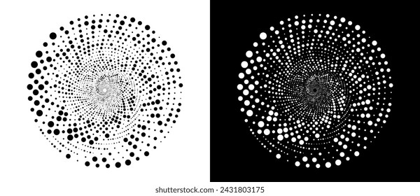 Abstract background with random dots in spiral. Art design circle as logo or icon. A black figure on a white background and an equally white figure on the black side.