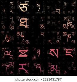 Antecedentes abstractos. Letras al azar del alfabeto tibetano. Patrón de matriz degradada. Fondo de temática de color rosa naranja. Inclinable horizontalmente. Magnífica ilustración vectorial.