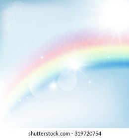 abstract background of rays on a blue sky with a rainbow