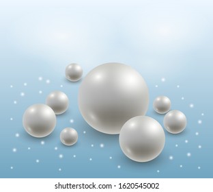 Abstract background with realistic 3d pearls. Elegant luxurious design, white and blue. Vector illustration