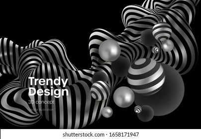 Abstract background with realistic blackand silver bubblesdynamic 3d spheres. Modern trendy banner or poster design. Vector illustration EPS10