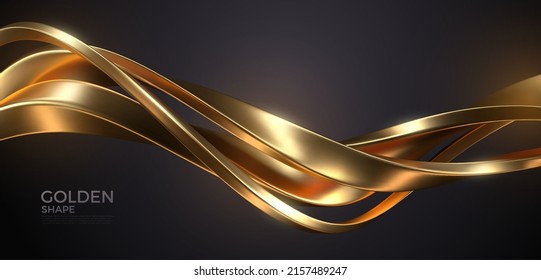 Abstract background and realistic golden metal shape  Fuid golden wave  Intertwined gold shapes  Vector 3d render illustration 
