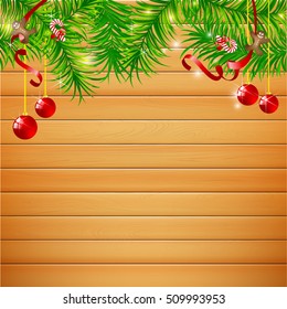 Abstract background realistic nature wood with red christmas ball and ribbon vector illustration 