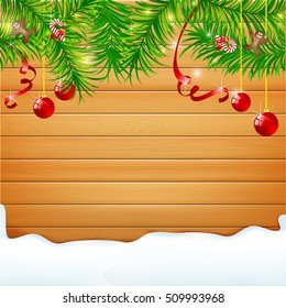 Abstract background realistic nature wood with red christmas ball and ribbon vector illustration 