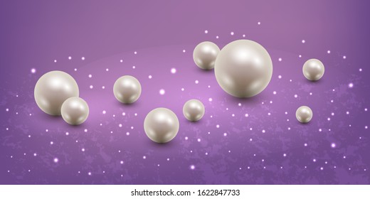 Abstract background with realistic pearls. Single 3d pearls, luxurious design with light glow effect and sparkles. Vector illustration