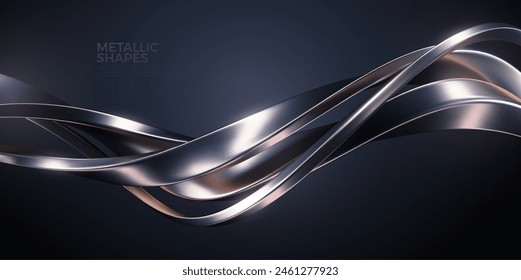 Abstract background with realistic silver metal shape. Fluid chrome wave. Intertwined patinum shapes. Vector 3d luxury design.