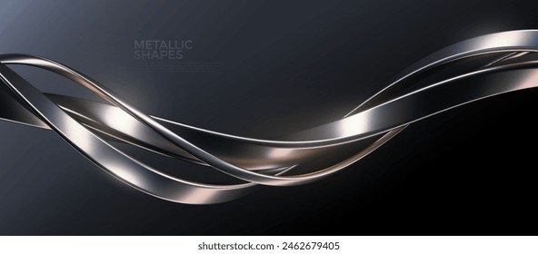 Abstract background with realistic silver metal shape. Fluid chrome wave. Intertwined patinum shapes. Vector 3d luxury design.