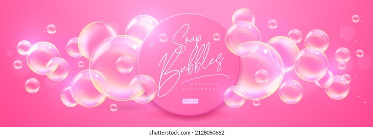 Abstract background with realistic soap bubbles. Bubbles with rainbow reflection. Vector illustration