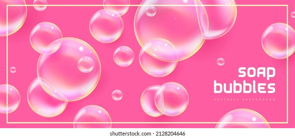 Abstract background with realistic soap bubbles. Bubbles with rainbow reflection. Vector illustration