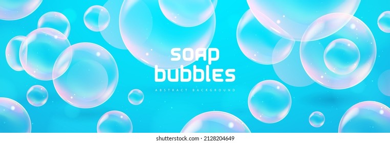 Abstract background with realistic soap bubbles. Bubbles with rainbow reflection. Vector illustration