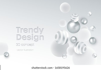 Abstrakter Hintergrund mit realistischen, weißen und silbernen, blesdynamischen 3D-Kugeln. Modernes Design für Banner oder Plakate. Vektorillustration, EPS10