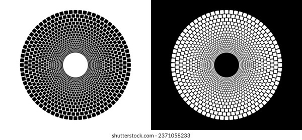 Abstract background with rectangles in circle. Art design spiral as logo or icon. A black figure on a white background and an equally white figure on the black side.
