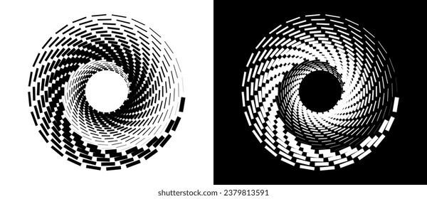Abstract background with rectangles in circle. Art design spiral as logo or icon. A black figure on a white background and an equally white figure on the black side.